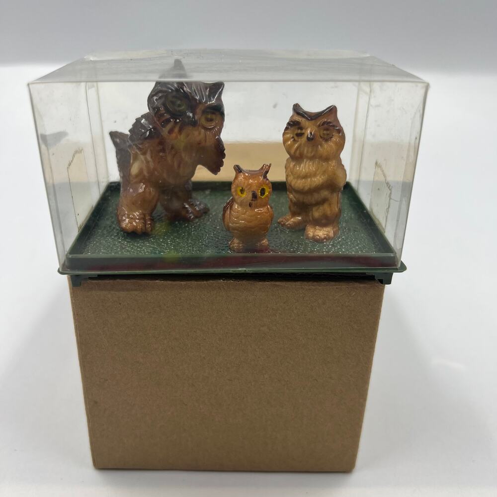 Vtg NOS Set 3 Bone China Owls Mini Miniature Figurines Trinkets Made Hong Kong